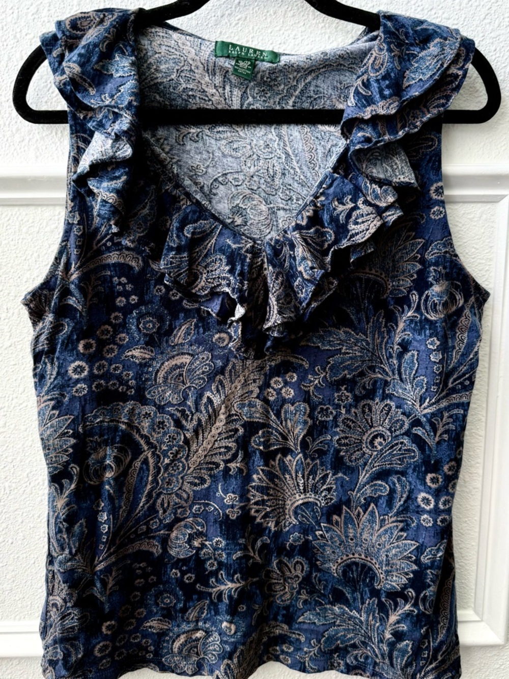 Lauren Ralph Lauren Blue Paisley Ruffle Top XL Coastal Boho Chic